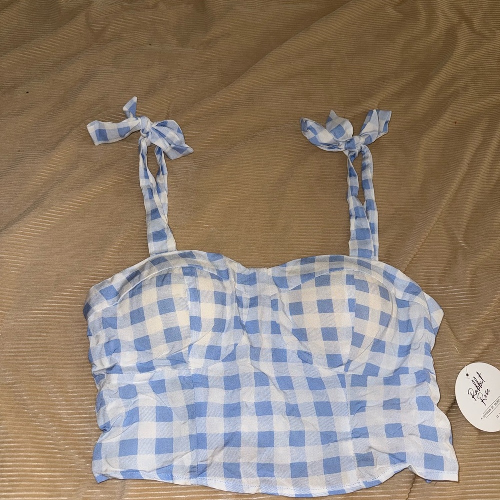 Blue and White Gingham Bustier Crop Top with Tie straps
